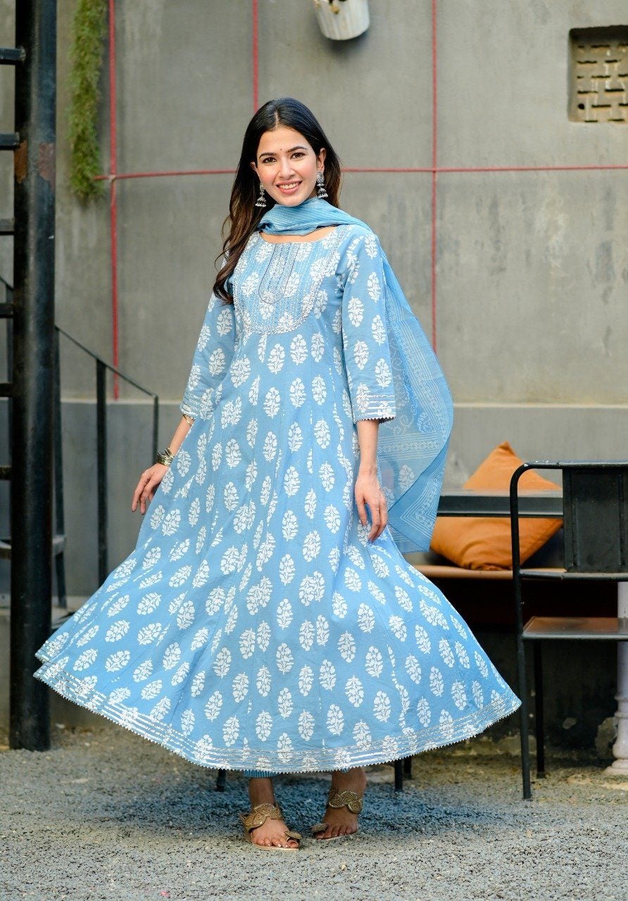 Women's Blue & White Embroidered Handblock Anarkali Kurta With Trousers & Dupatta Set