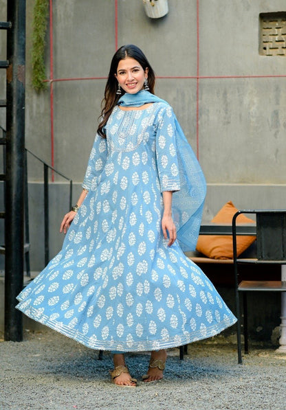 Women's Blue & White Embroidered Handblock Anarkali Kurta With Trousers & Dupatta Set
