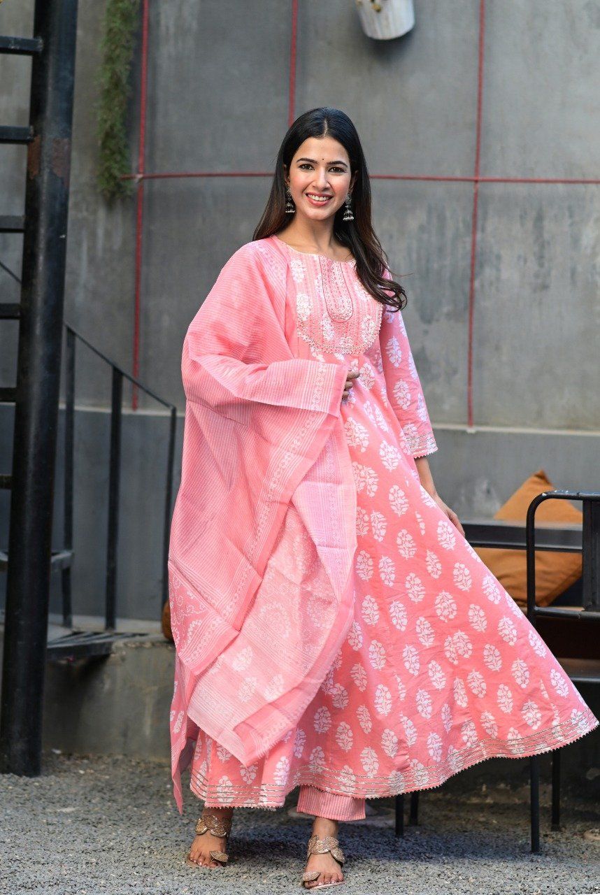 Women's Pink Handblock Dupatta Set