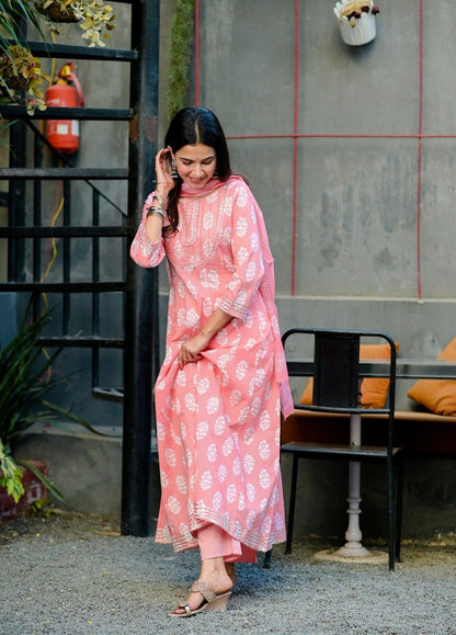 Women's Pink Handblock Dupatta Set