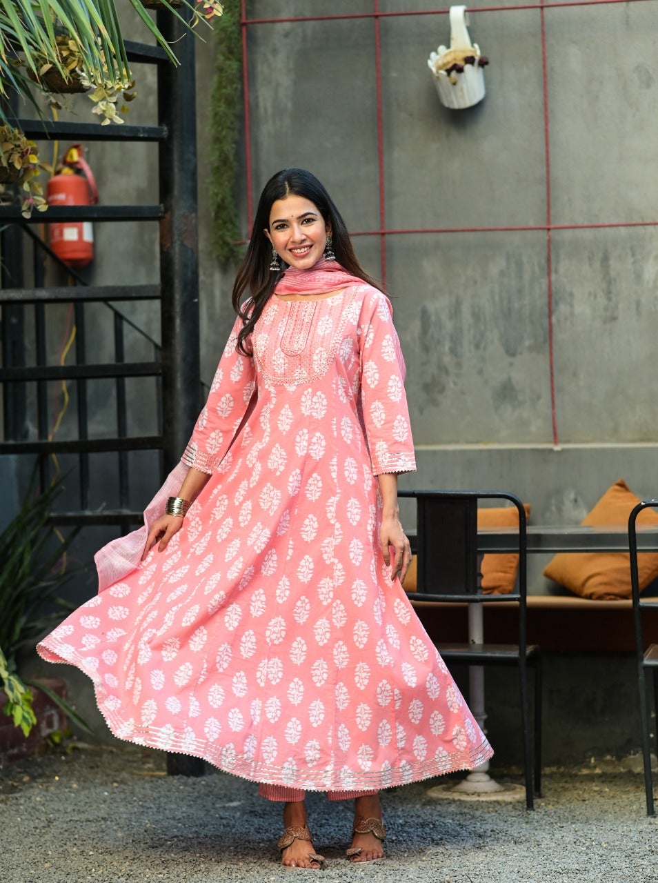 Women's Pink Handblock Dupatta Set
