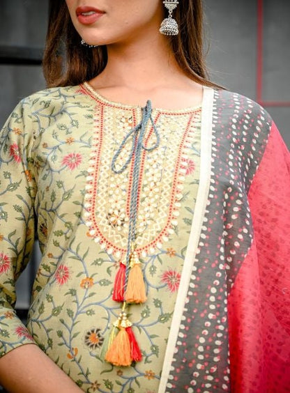 Women's Green Handblock Dupatta Set