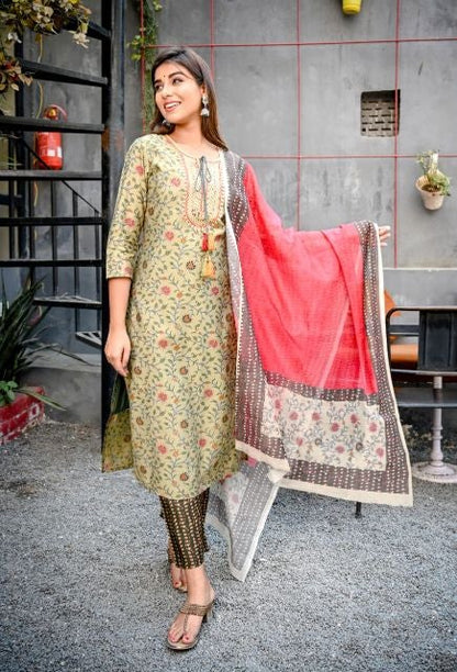 Women's Green Handblock Dupatta Set