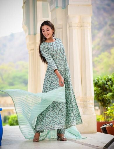 Women's Blue Handblock Dupatta Set
