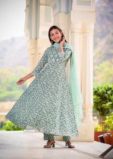 Women's Blue Handblock Dupatta Set