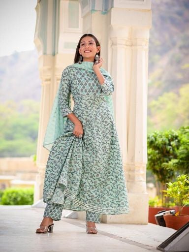 Women's Blue Handblock Dupatta Set