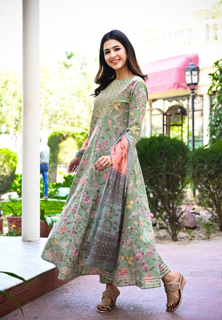 Women's Green Handblock Dupatta Set
