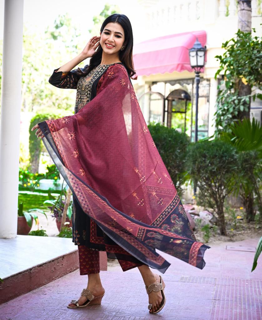 Women's Dark Green Handblock Dupatta Set