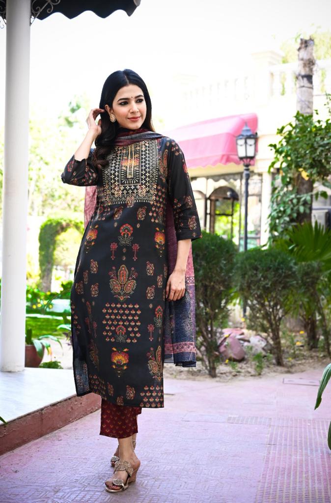 Women's Dark Green Handblock Dupatta Set