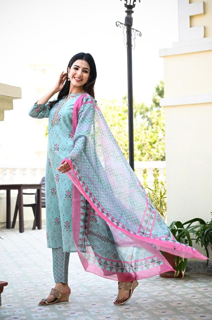 Women's Blue Handblock Dupatta Set