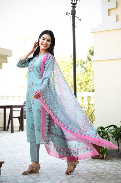 Women's Blue Handblock Dupatta Set