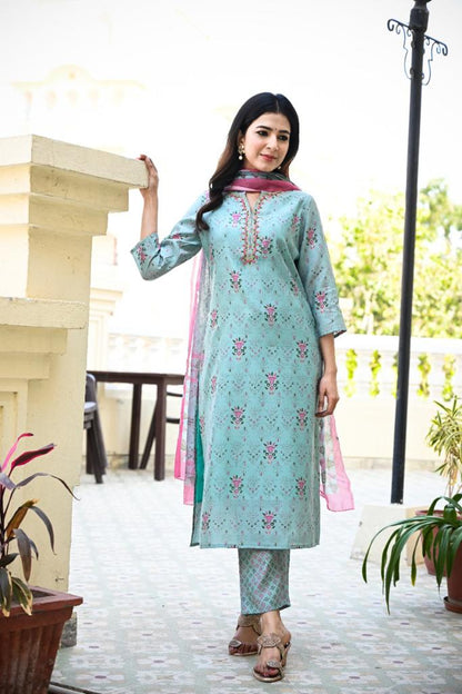 Women's Blue Handblock Dupatta Set