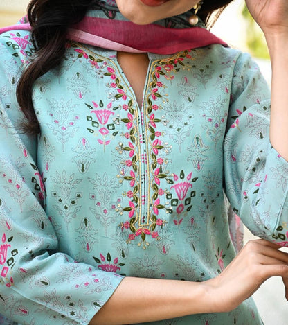 Women's Blue Handblock Dupatta Set