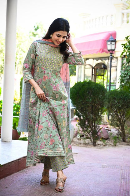 Women's Green Handblock Dupatta Set