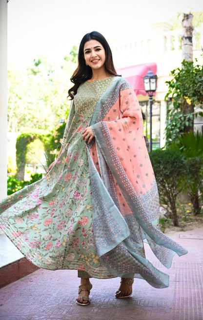 Women's Green Handblock Dupatta Set