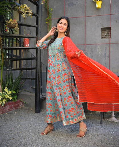 Women's Grey & Orange Printed Anarkali Kurta & Trousers With Embroidery Dupatta Set