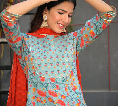 Women's Grey & Orange Printed Anarkali Kurta & Trousers With Embroidery Dupatta Set