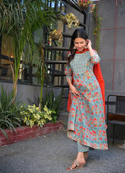 Women's Grey & Orange Printed Anarkali Kurta & Trousers With Embroidery Dupatta Set