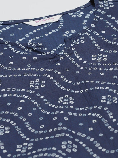Women's Navy Blue Cotton Printed 3/4 Sleeve Round Neck Casual Dress