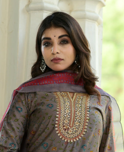 Women's Grey Handblock Dupatta Set