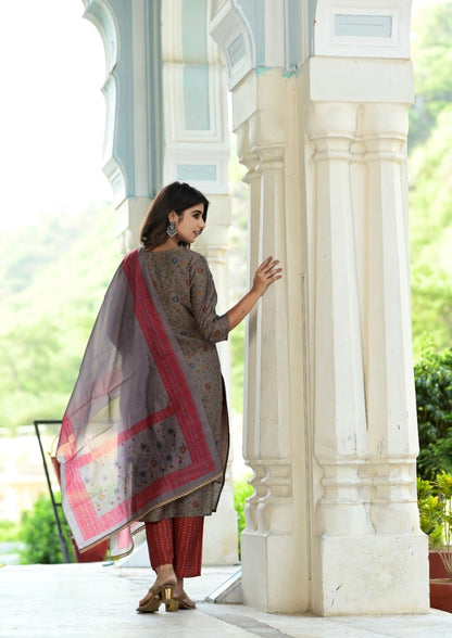 Women's Grey Handblock Dupatta Set