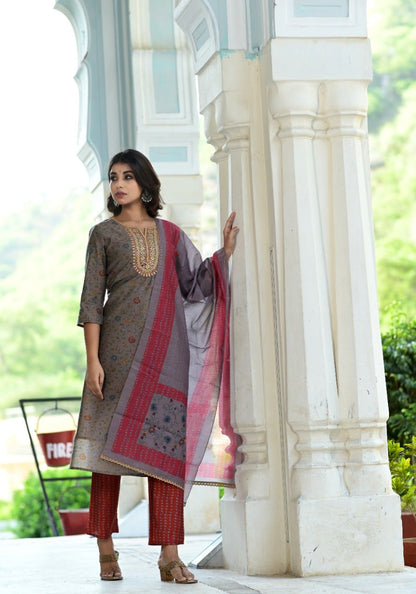 Women's Grey Handblock Dupatta Set
