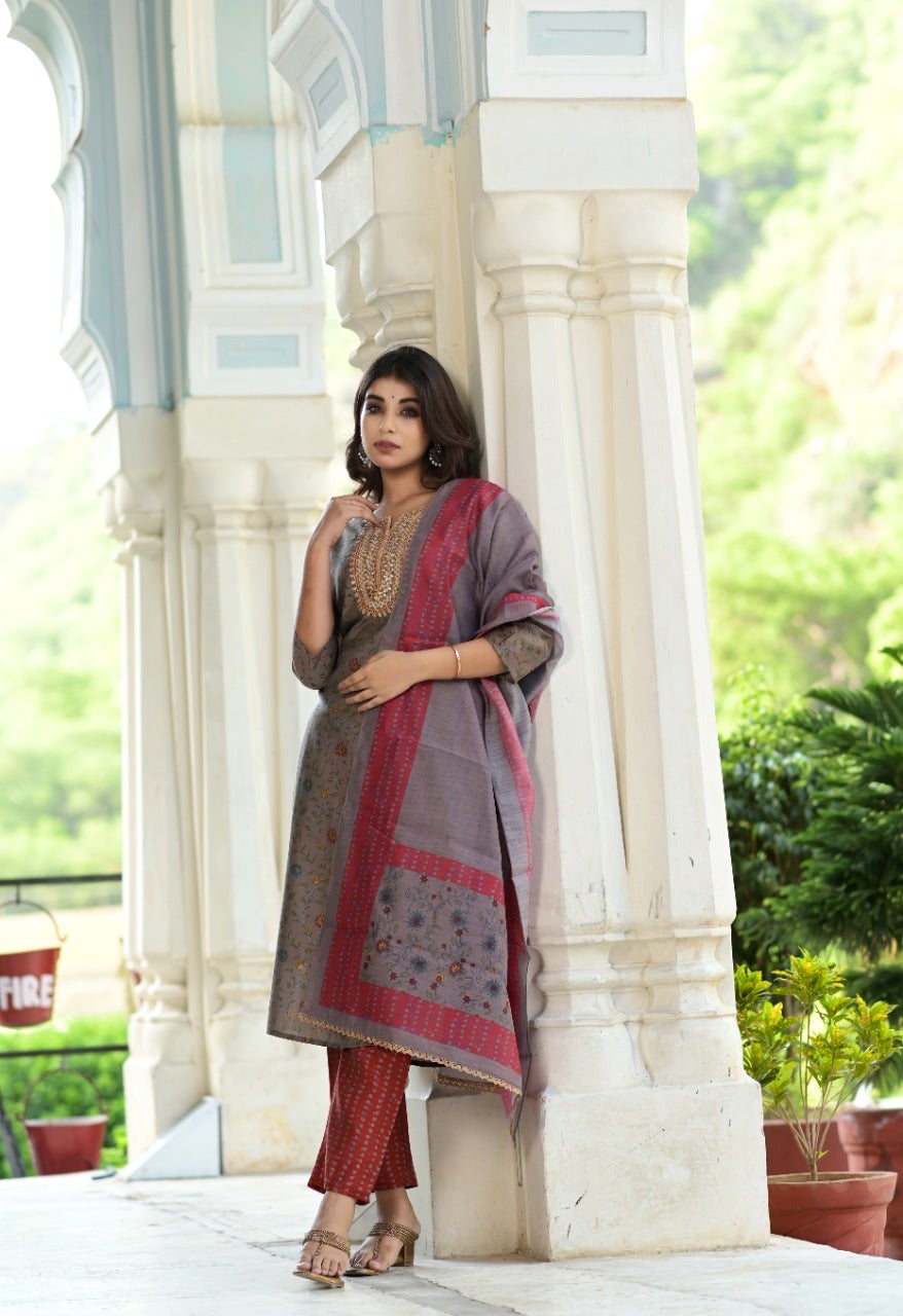 Women's Grey Handblock Dupatta Set