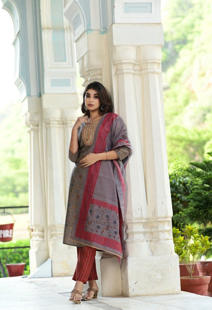 Women's Grey Handblock Dupatta Set
