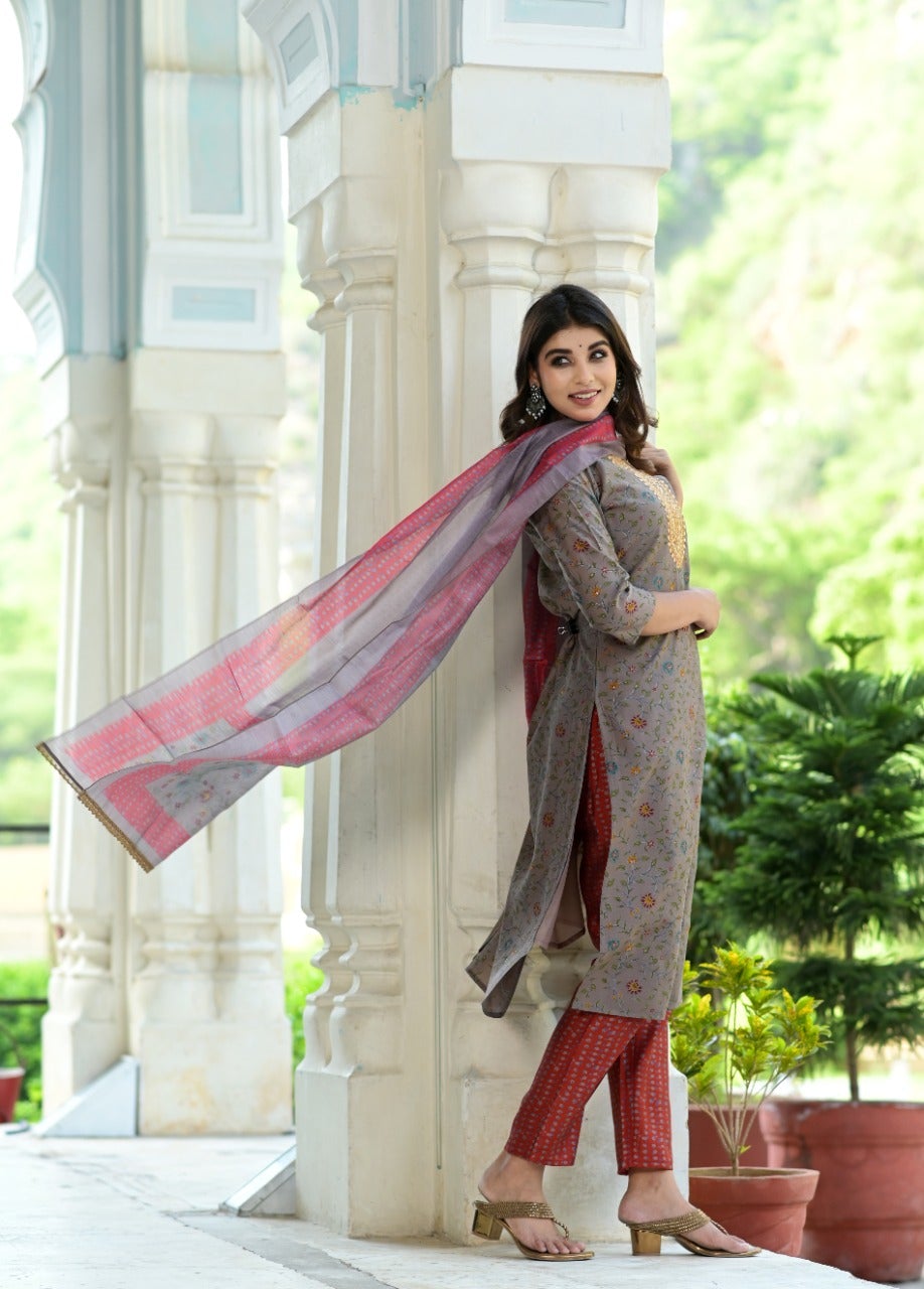 Women's Grey Handblock Dupatta Set