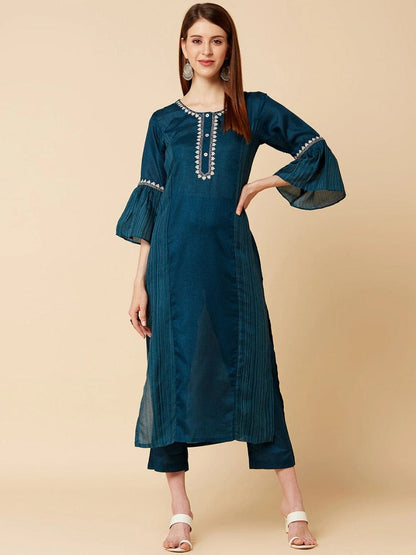 Women's Teal Yoke Design Kurti with Trousers