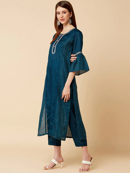 Women's Teal Yoke Design Kurti with Trousers