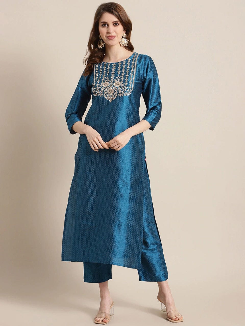 Women's Blue Woven Design Kurta with Trousers