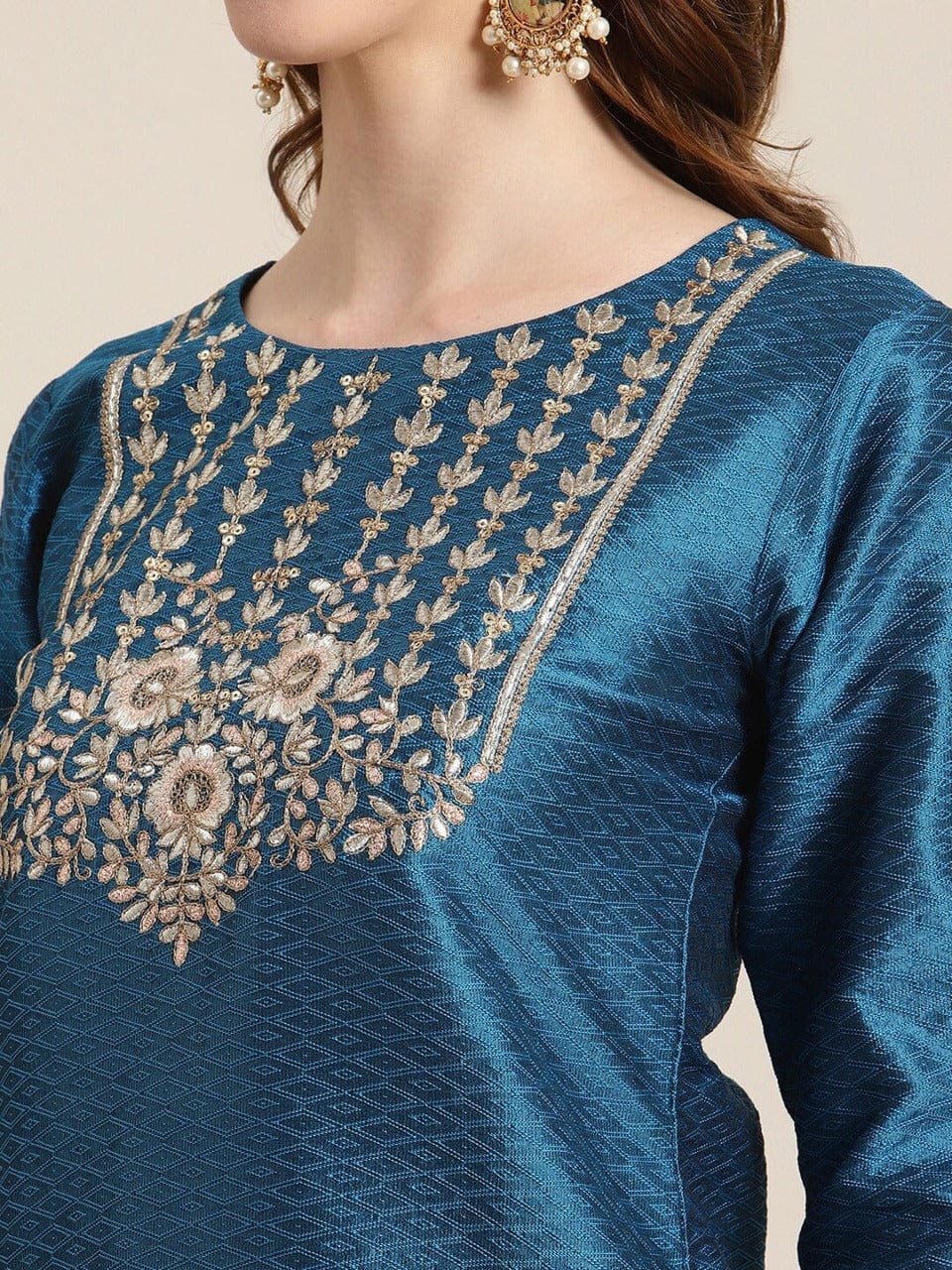 Women's Blue Woven Design Kurta with Trousers