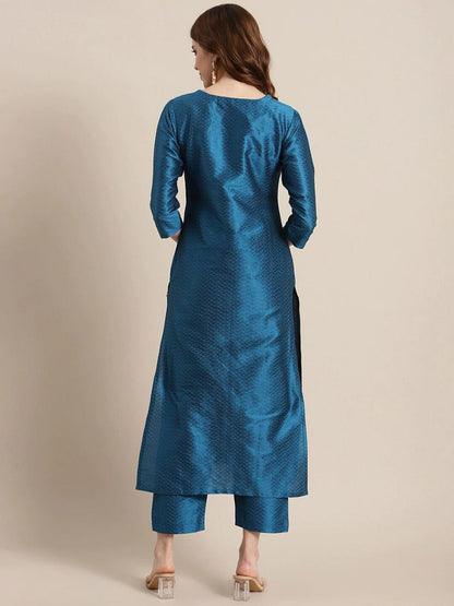 Women's Blue Woven Design Kurta with Trousers