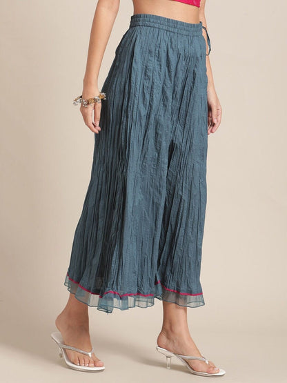 Women's Teal Flared Ethnic Palazzos with Organza Embellishment On Bottom Hemline.