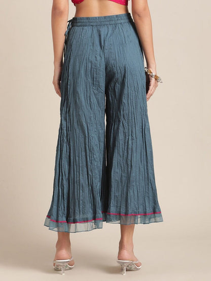 Women's Teal Flared Ethnic Palazzos with Organza Embellishment On Bottom Hemline.