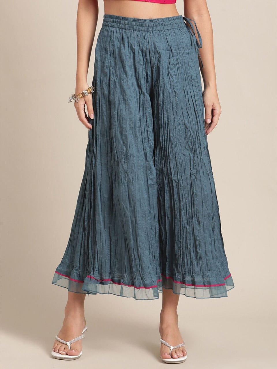 Women's Teal Flared Ethnic Palazzos with Organza Embellishment On Bottom Hemline.