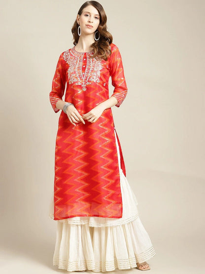 Women's Red Thread Work Cotton Kurta