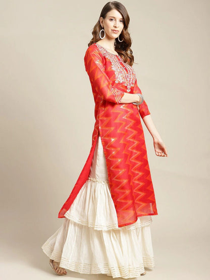 Women's Red Thread Work Cotton Kurta