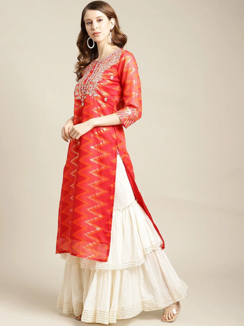Women's Red Thread Work Cotton Kurta