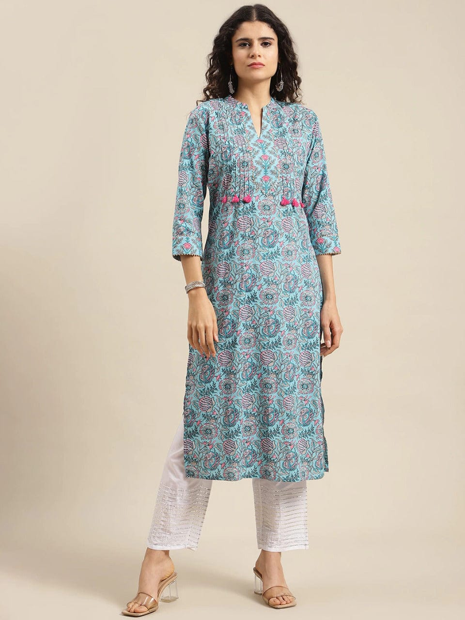 Women's Turquoise Blue Floral Printed Thread Work Cotton Kurta