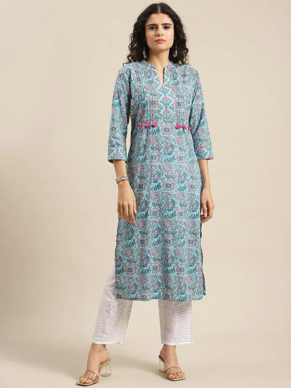 Women's Turquoise Blue Floral Printed Thread Work Cotton Kurta