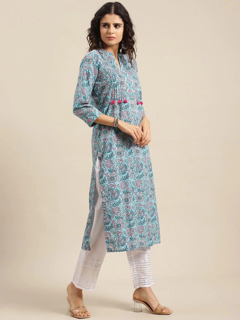 Women's Turquoise Blue Floral Printed Thread Work Cotton Kurta