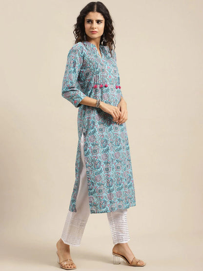Women's Turquoise Blue Floral Printed Thread Work Cotton Kurta