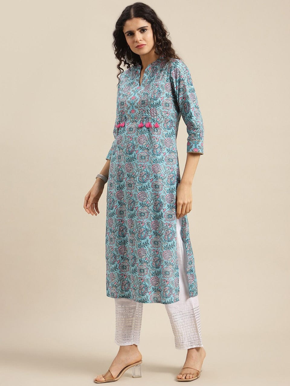 Women's Turquoise Blue Floral Printed Thread Work Cotton Kurta