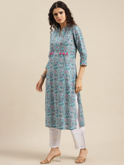 Women's Turquoise Blue Floral Printed Thread Work Cotton Kurta