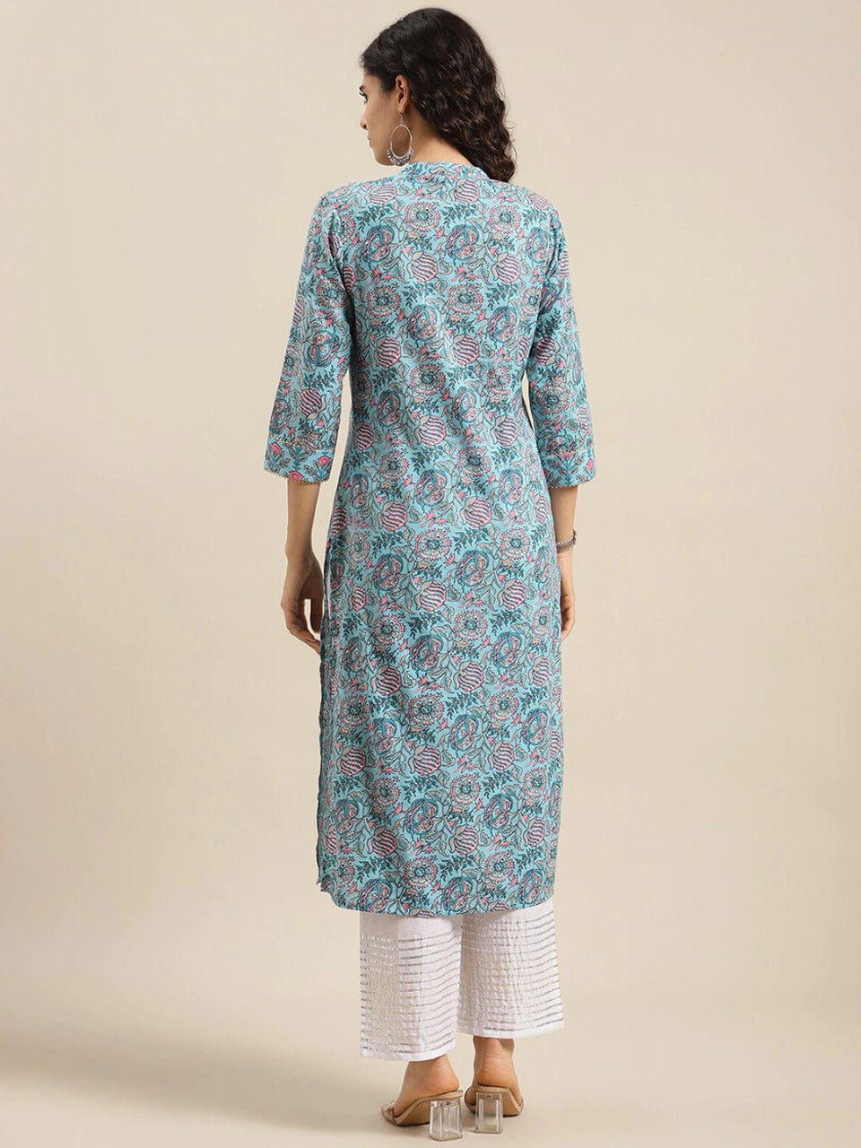 Women's Turquoise Blue Floral Printed Thread Work Cotton Kurta