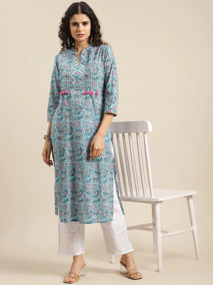 Women's Turquoise Blue Floral Printed Thread Work Cotton Kurta