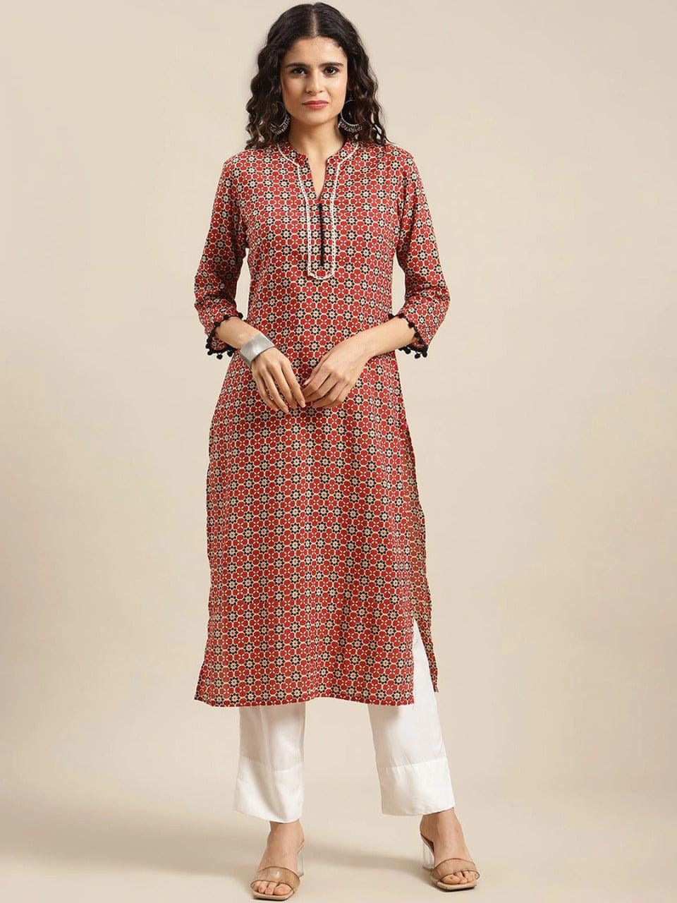 Women's Maroon Geometric Printed Cotton Kurta