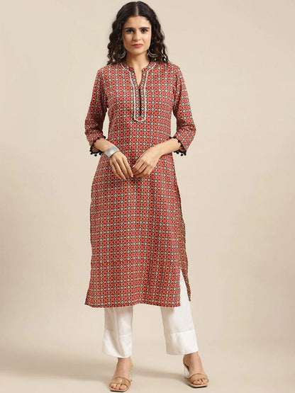 Women's Maroon Geometric Printed Cotton Kurta